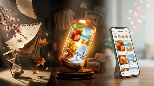 사계절의 모습이 담긴 캡슐과 SNS를 통해 제철을 기록하는 스마트폰 화면