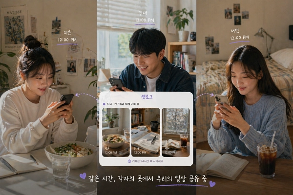 셋로그 앱으로 Z세대가 실시간 일상을 함께 기록하는 모습.