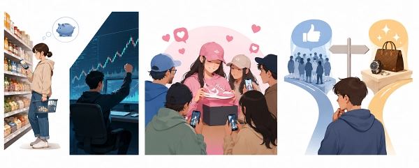 마트에서 절약하는 소비자와 주식 투자·한정판 오픈런을 동시에 보여주는 바벨 소비 패턴.