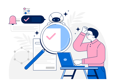AI 검색 결과와 알림을 확인하며 정보를 검토하는 마케팅 분석 일러스트