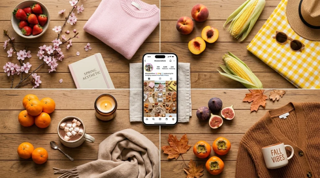 seasonalCore 해시태그가 적힌 SNS 화면이 띄워진 스마트폰을 중심으로, 사계절의 제철 음식과 패션, 소품들을 네 구역으로 나누어 조화롭게 배치한 연출 컷