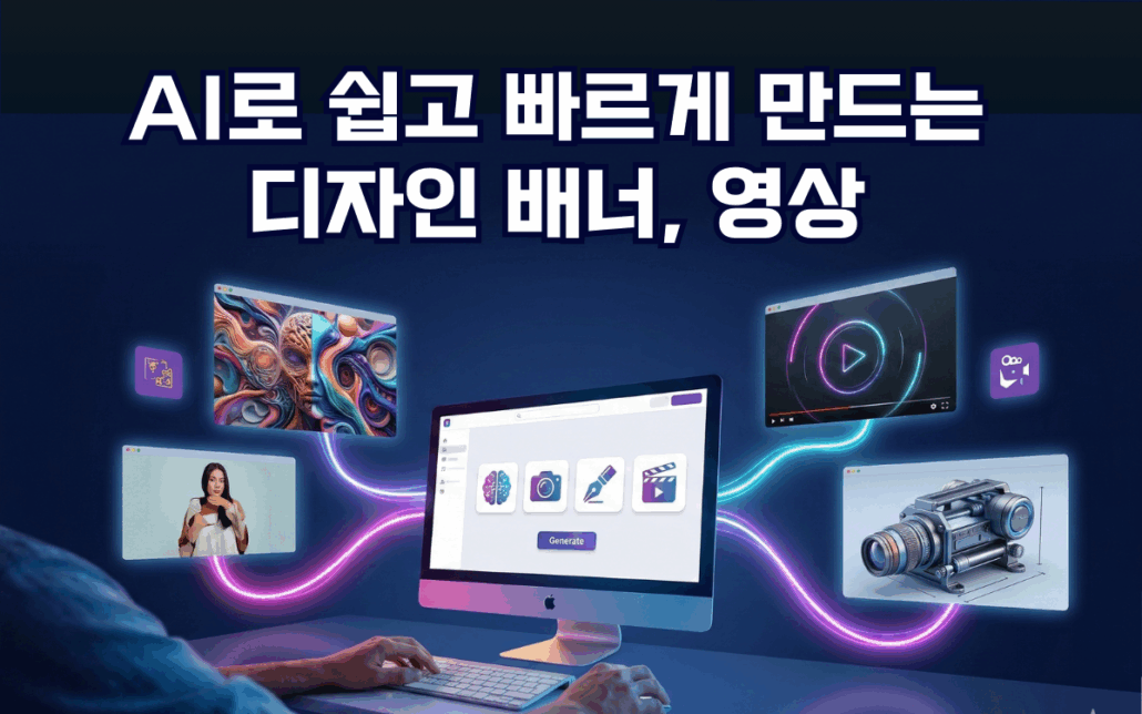 마케팅아카데미의 AI 디자인 배너 및 영상 제작 실무 교육 과정 안내 이미지로, 작업자가 컴퓨터 앞에서 캔바(Canva) 등 생성형 AI 툴을 활용해 쉽고 빠르게 마케팅 콘텐츠를 만드는 모습입니다.