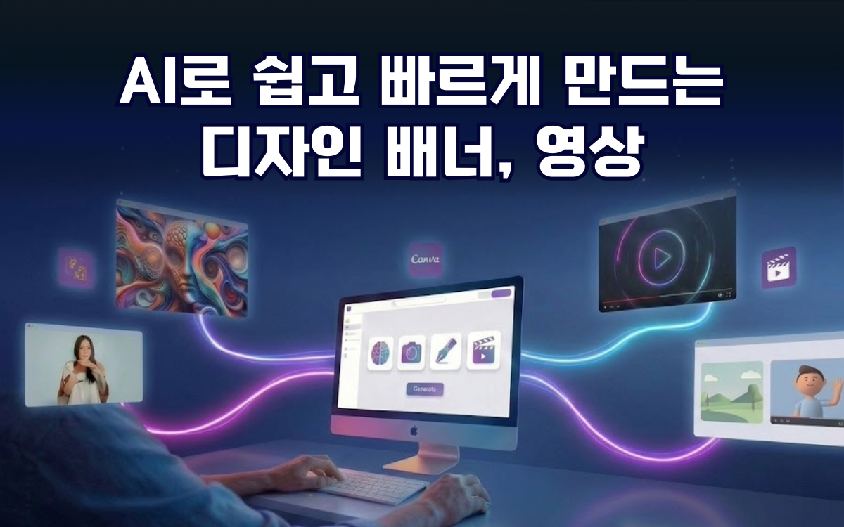 마케팅아카데미의 AI 디자인 배너 및 영상 제작 실무 교육 과정 안내 이미지로, 작업자가 컴퓨터 앞에서 캔바(Canva) 등 생성형 AI 툴을 활용해 쉽고 빠르게 마케팅 콘텐츠를 만드는 모습입니다.