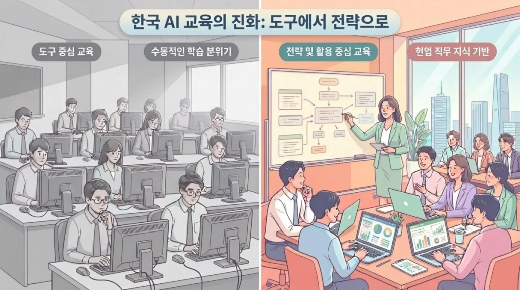 AI 교육 트렌드 비교: 툴 중심의 수동적 학습에서 현업 직무 지식 기반의 전략적 AI 활용 교육으로의 진화 과정 묘사