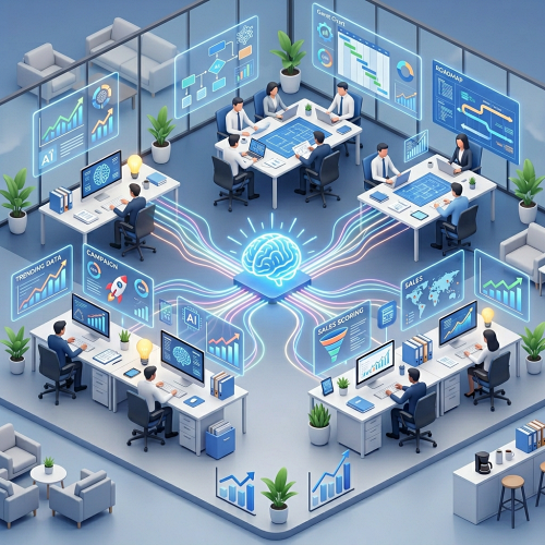 마케팅 직무별 실전 AI 활용을 시각화한 아이소메트릭 일러스트. 중앙의 거대한 AI 두뇌 코어와 연결된 기획, 캠페인, 트렌드 분석, 세일즈 직무별 팀원들이 데이터 기반의 스마트 업무 프로세스를 수행하는 현대적인 사무실 전경 묘사.