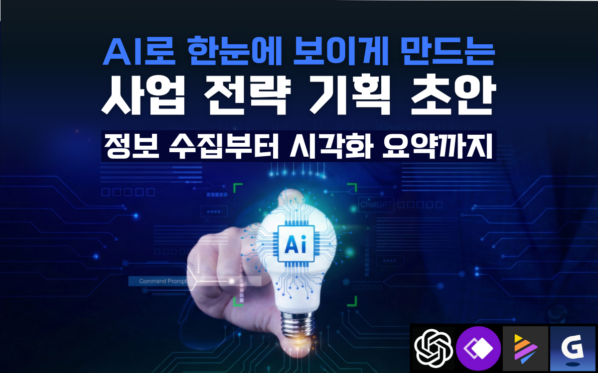 마케팅아카데미의 AI를 활용한 사업 전략 기획 초안 작성 강의 이미지로, 정보 수집부터 시각화 요약까지 AI 도구(ChatGPT, Gemini 등)를 활용해 한눈에 보이는 기획서를 만드는 과정을 설명하고 있습니다.