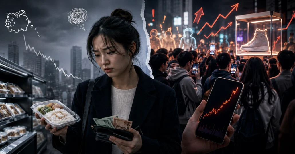 불안경제 시대 FOMO 소비 심리를 표현한 바벨 소비 트렌드 일러스트.