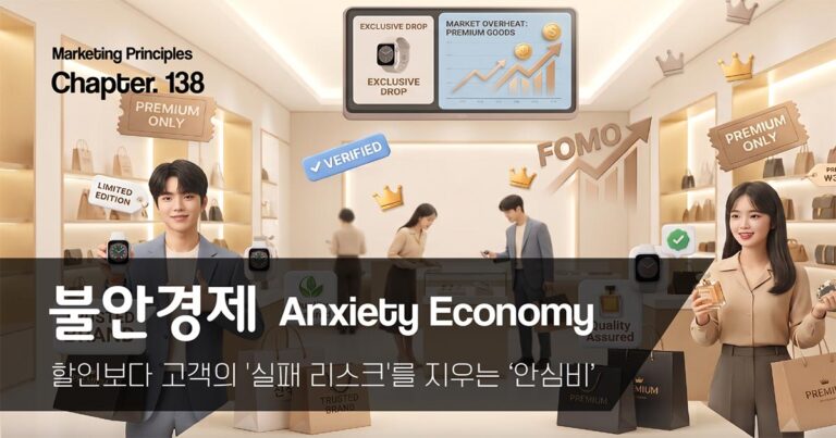 마케팅벨 138호 불안경제 스터디 표지로 스마트 fomo 구매를 하고있는 남녀.