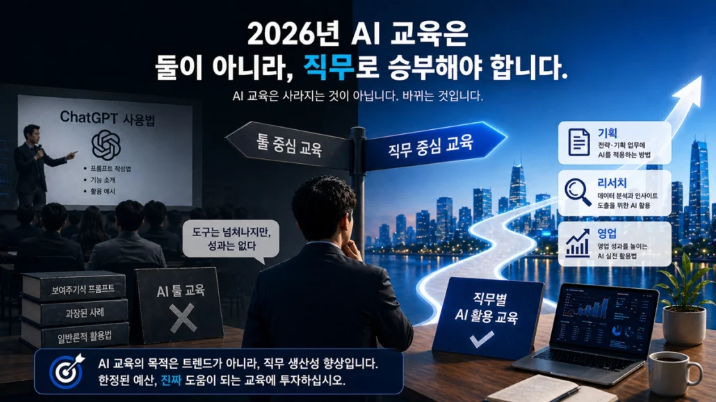 마케팅아카데미 직무별 AI 활용 교육과 툴 중심 AI 교육 비교 인포그래픽