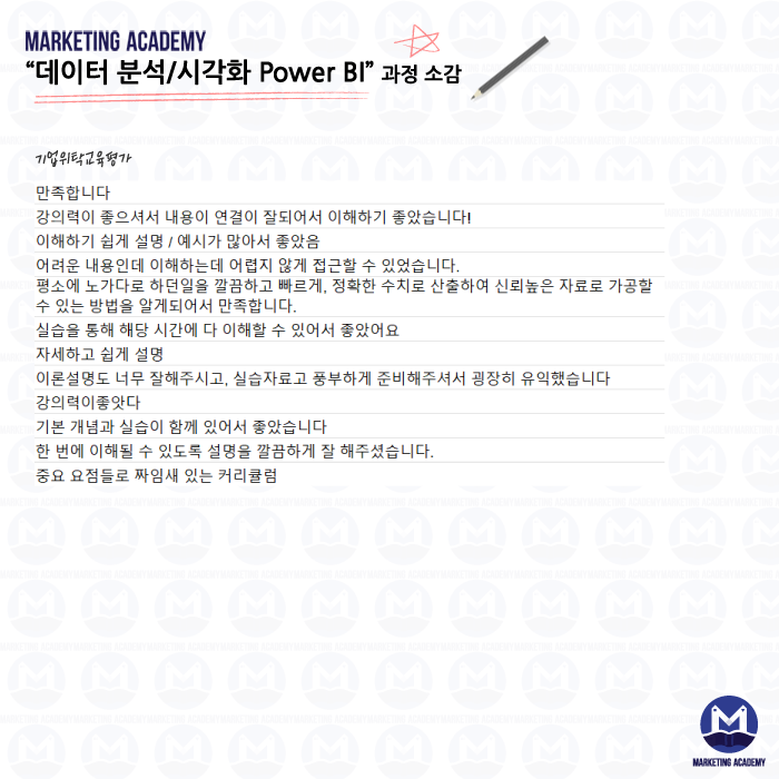 마케팅아카데미의 데이터 분석 및 시각화 Power BI 실무 교육에 참여한 수강생들이 직접 작성한 긍정적인 자필 수강 후기 이미지입니다.