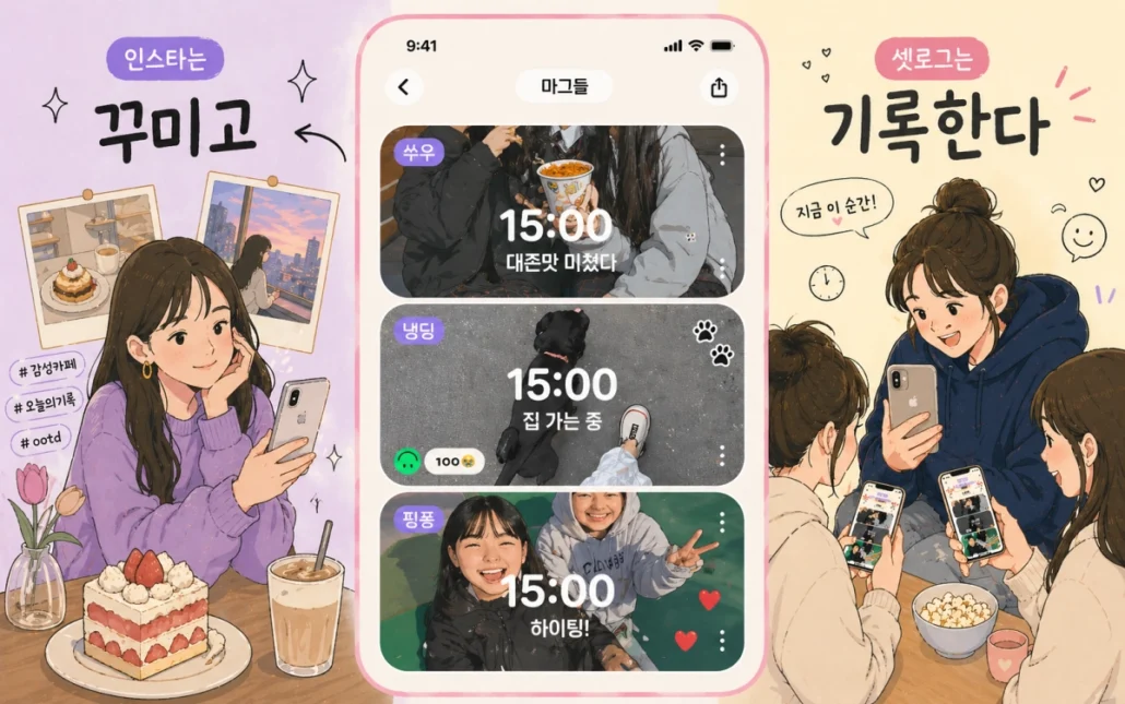 Z세대 SNS 트렌드 인스타그램과 셋로그 사용 방식 비교 일러스트.